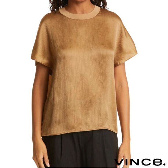 Vince. **NWT** Rib Trim Flutter Sleeve Shell Blouse in Almond - Picture 13 of 16